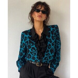 VTG Balla Valentina Silk Blouse Teal Black Animal Print Jabot Maximalist Retro M